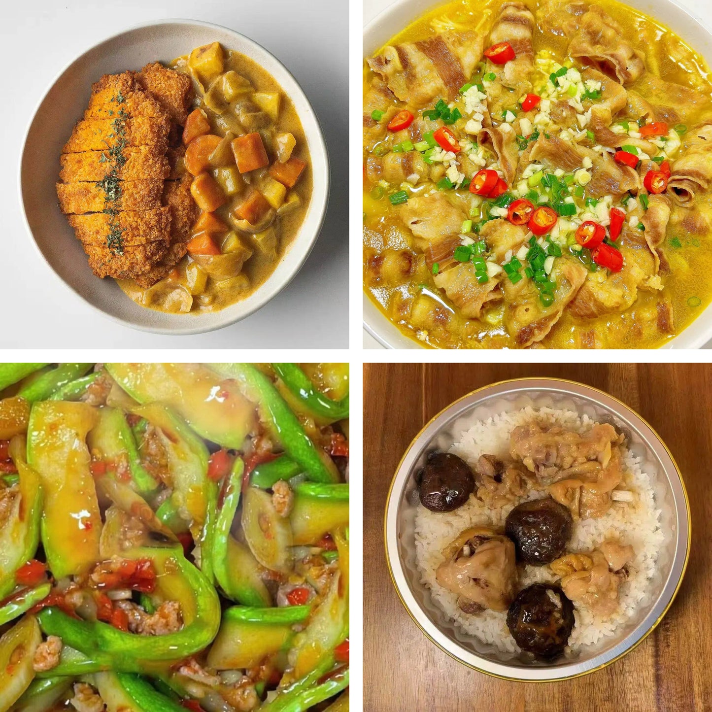 8月21日周五(A餐)无辣不欢:日式咖喱鸡扒 金汤肥牛🌶️ 肉沫炒角瓜 香菇滑鸡钵仔饭(2钵)
