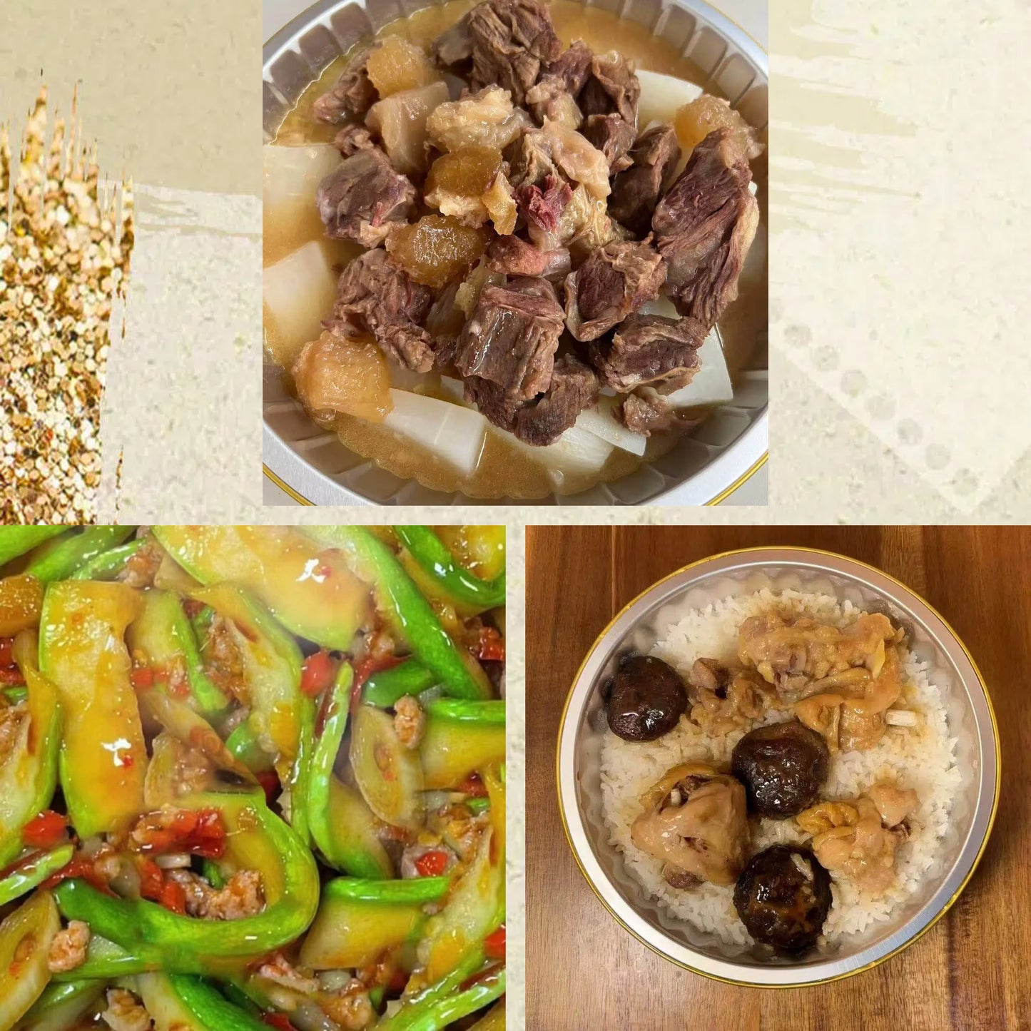 8月21日周五(D餐)精致小餐:清汤萝卜牛腩 肉沫炒角瓜 香菇滑鸡钵仔饭(2钵)