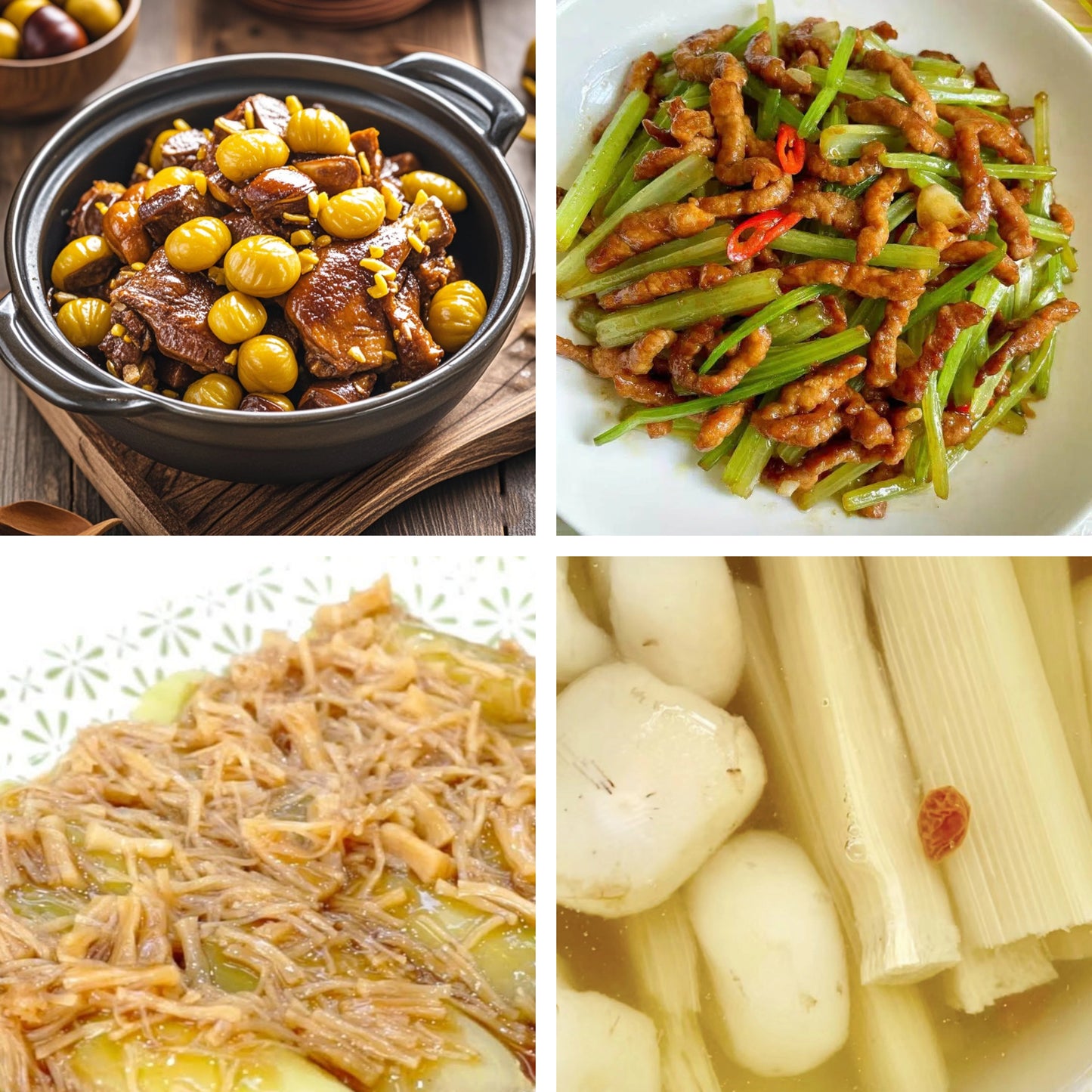 8月23日周日（B餐）家乡菜：栗子焖鸭     香芹肉丝     瑶柱瓜脯     茅根竹蔗马蹄水