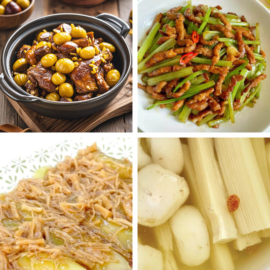 8月23日周日（B餐）家乡菜：栗子焖鸭     香芹肉丝     瑶柱瓜脯     茅根竹蔗马蹄水